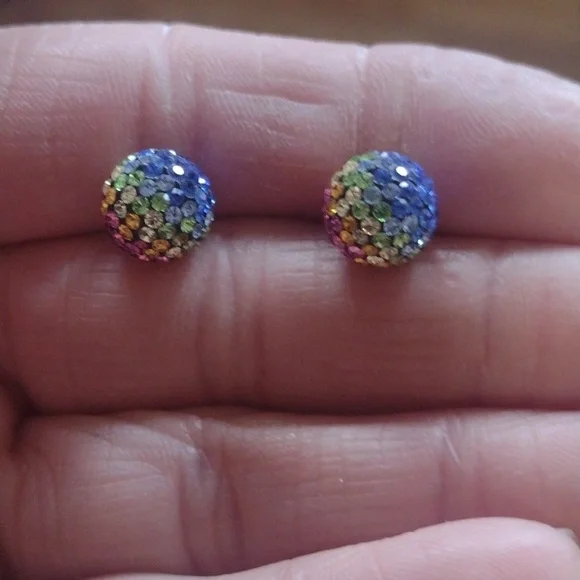VINTAGE STERLING SILVER .925 MULTICOLOR PAVE CRYSTAL 8MM BALL STUD EARRINGS - Picture 5 of 9